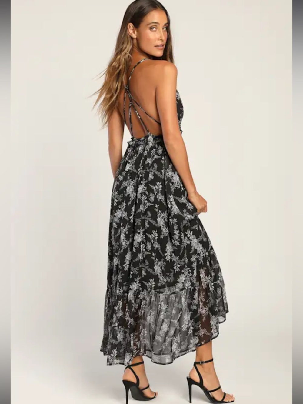 Lulus Black Make a Mark Floral Print Strappy Backless Ruffled Maxi Dress NWOT S - Picture 3 of 16